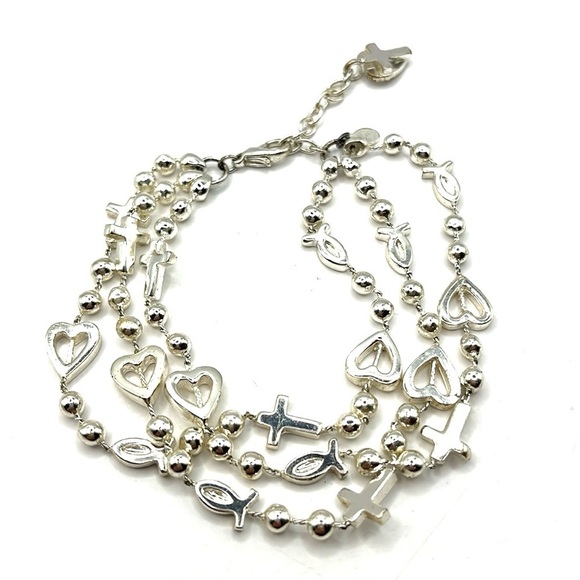 Silver Heart and Cross Charm Beaded Bracelet with Multi-Strand Design Bracelet - Picture 9 of 12